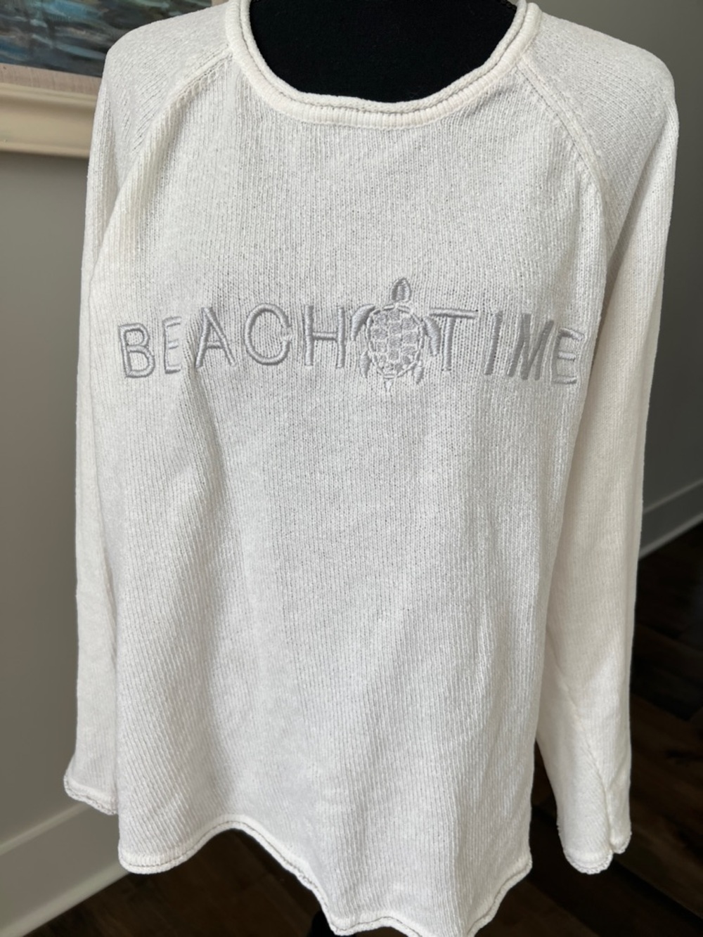 Cream Scoop Neck 'Beach Time' Embroidered Sweater